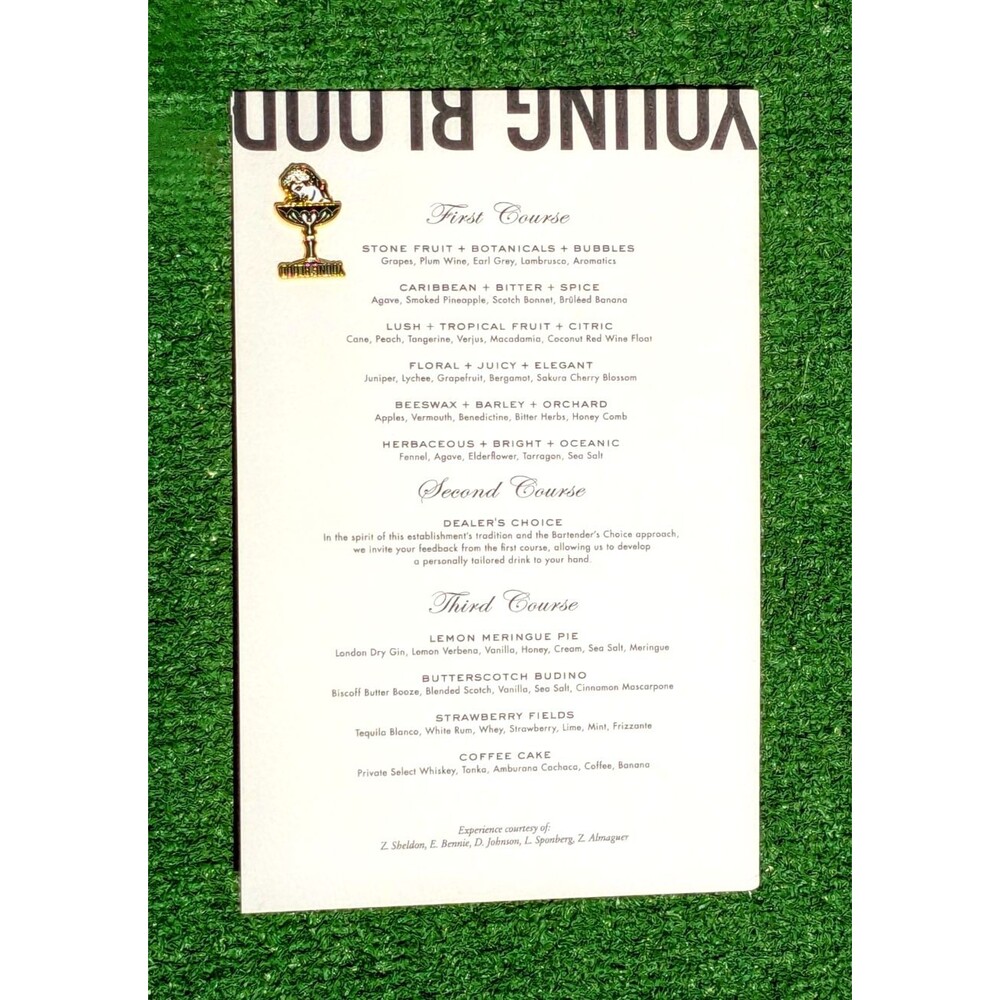 Young Blood Multi-Course Bar Speakeasy Logo Branded Menu + Cocktail Pin EUC